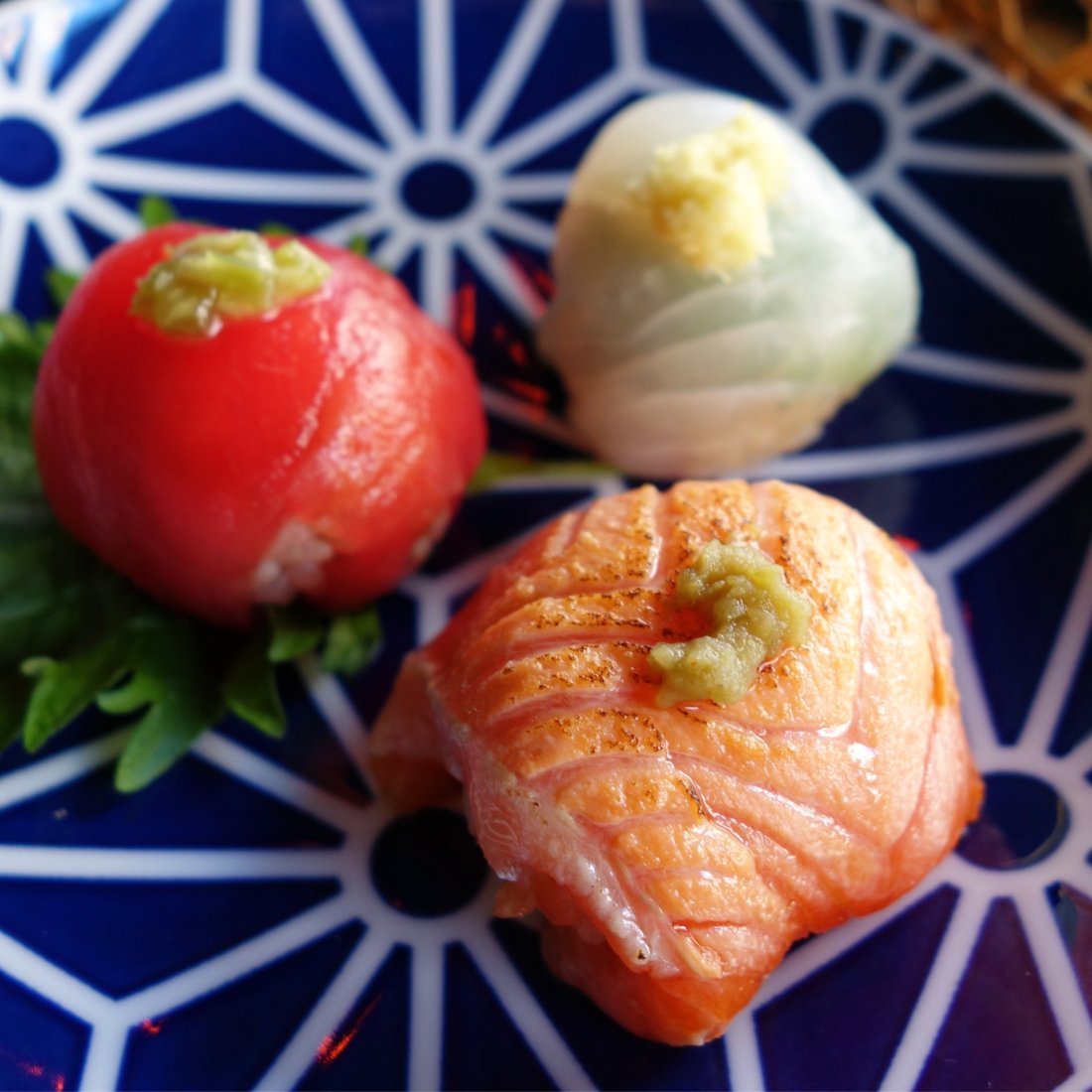  Temarizushi - ocean trout, maguro, and squid from the Megumi set. 